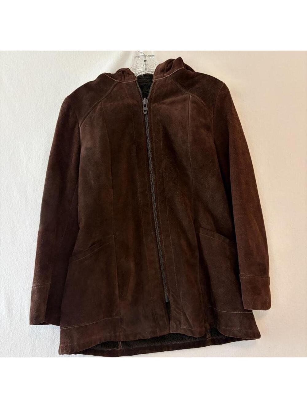 Vintage 70s Dark Brown Suede Hooded Fleece Car Coat Jacket